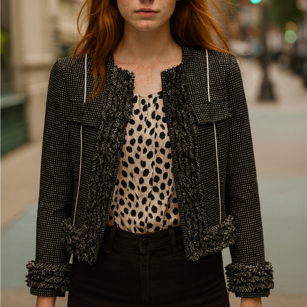 Carlisle Fringe Trim Polka Dot Tweed Wool Blend Blazer Old Money Cropped Jacket